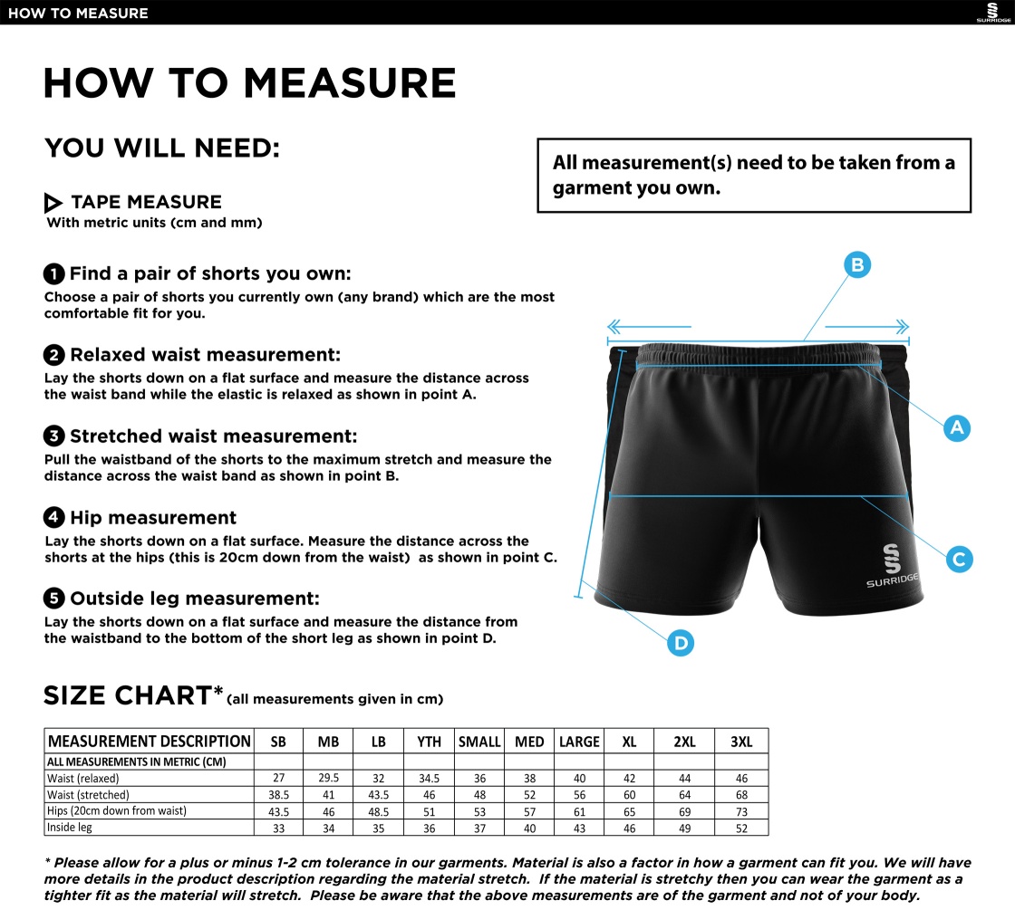 Essex CCC 50 - Performance Gym Short - Unisex Fit - Size Guide