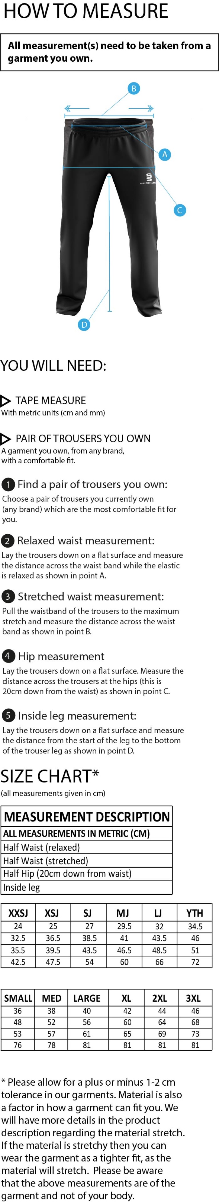 Essex CCCS 50 - Dual Poplin Track Pant with Lycra - Unisex Fit - Size Guide