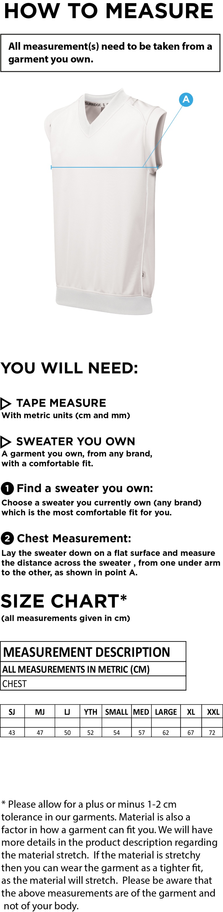 Essex CCC 50 - Dual Sleeveless Sweater - Size Guide