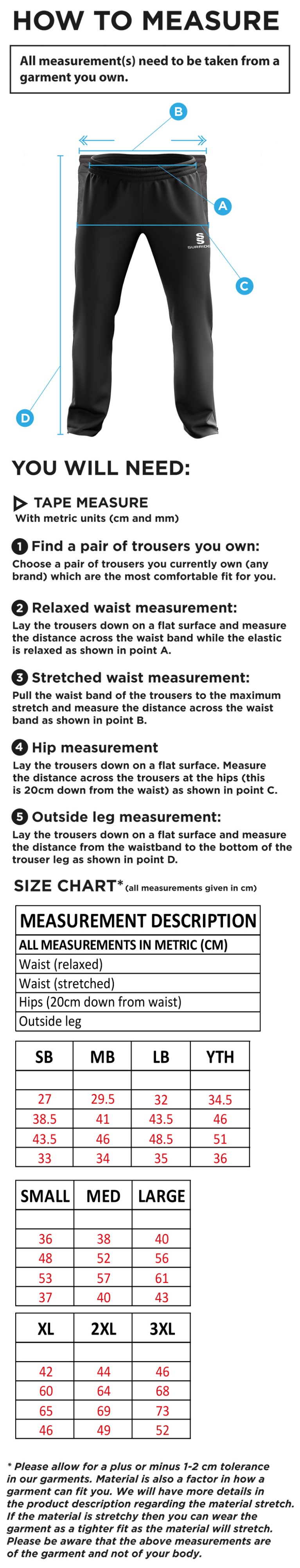 Essex CCC 50 - Rip Stop Track Pant : Navy - Size Guide