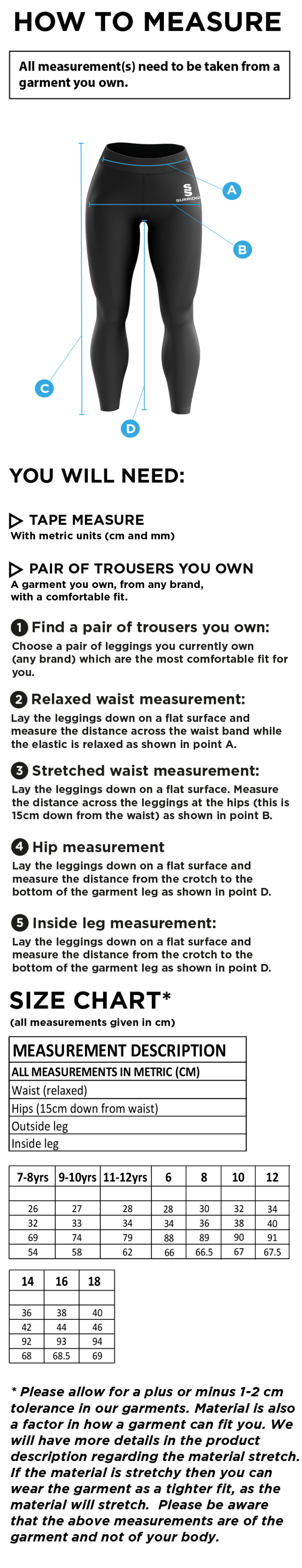 Essex CCC 50 - Performance Full Length Leggings - Women's Fit - Size Guide