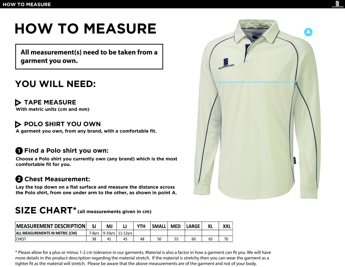 Essex CCC 50 - Long Sleeve Shirt White Trim - Size Guide