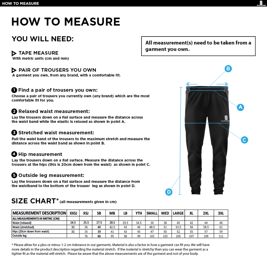 Essex CCC Seniors - Tek Slim Training Pants - Unisex Fit - Size Guide