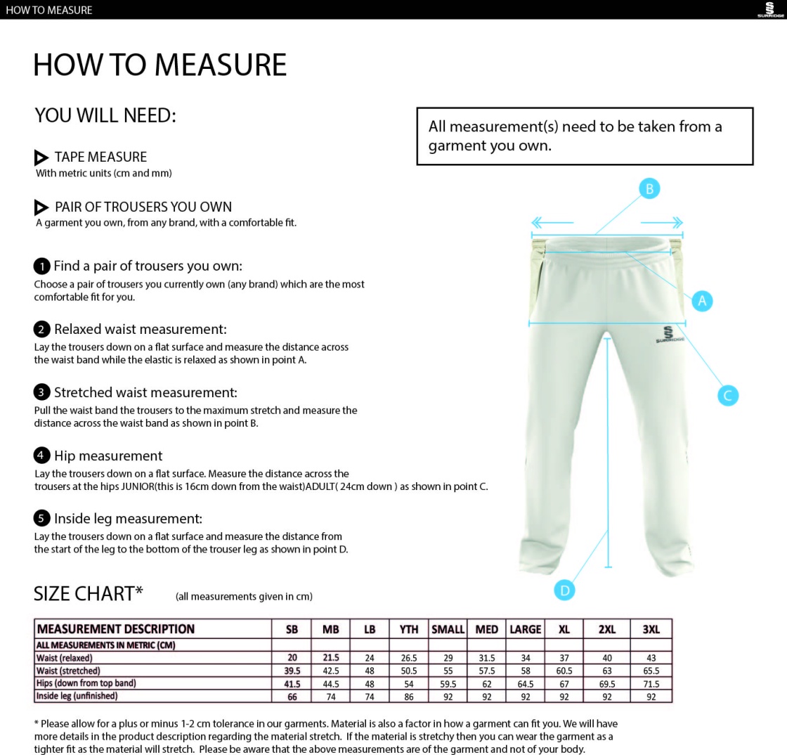 Essex CCC Seniors - Standard Playing Pant - Unisex Fit - Size Guide