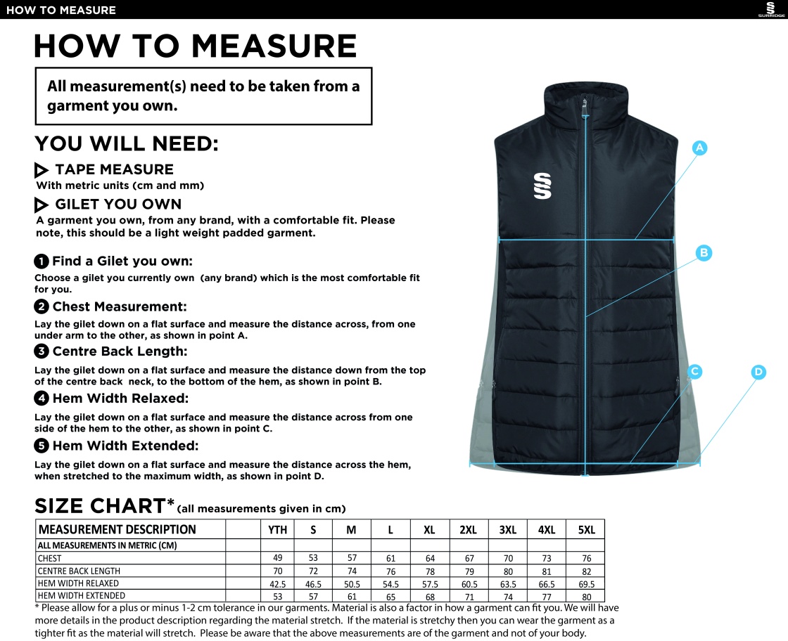 Essex CCC 50 - Padded Bodywarmer : Navy - Size Guide