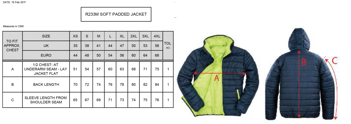 Essex CCC 50 - Supersoft Padded Jacket - Unisex Fit - Size Guide
