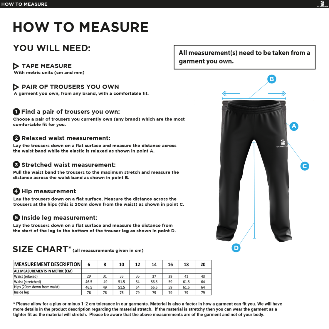 Essex Seniors - Dual Poplin Track Pant with Lycra - Women's Fit - Size Guide