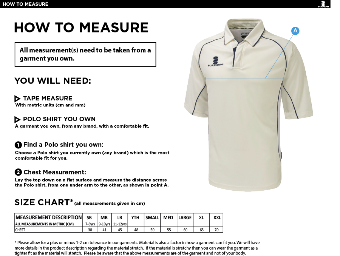 Essex CCC 50 - Dual Premier Short Sleeve Cricket Shirt - Unisex Fit - Size Guide
