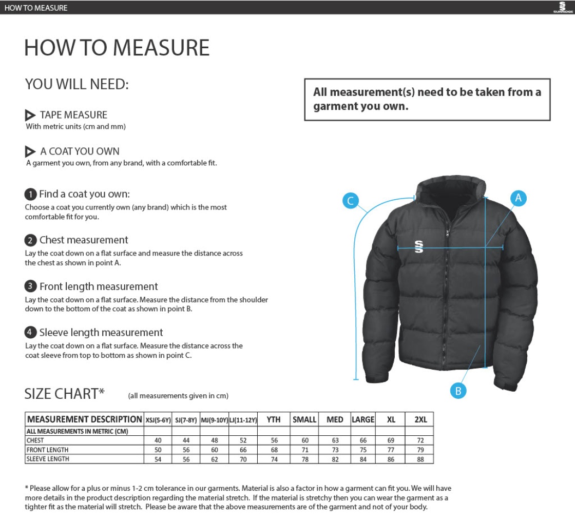 Essex CCC 50 - Holkham Down Feel Jacket - Unisex Fit - Size Guide