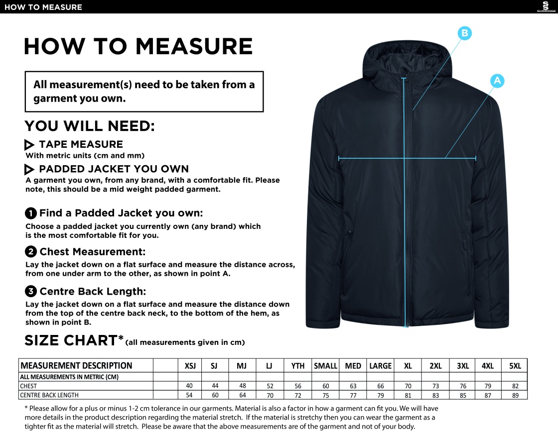 Essex CCC Seniors - Active Padded Jacket - Unisex Fit - Size Guide