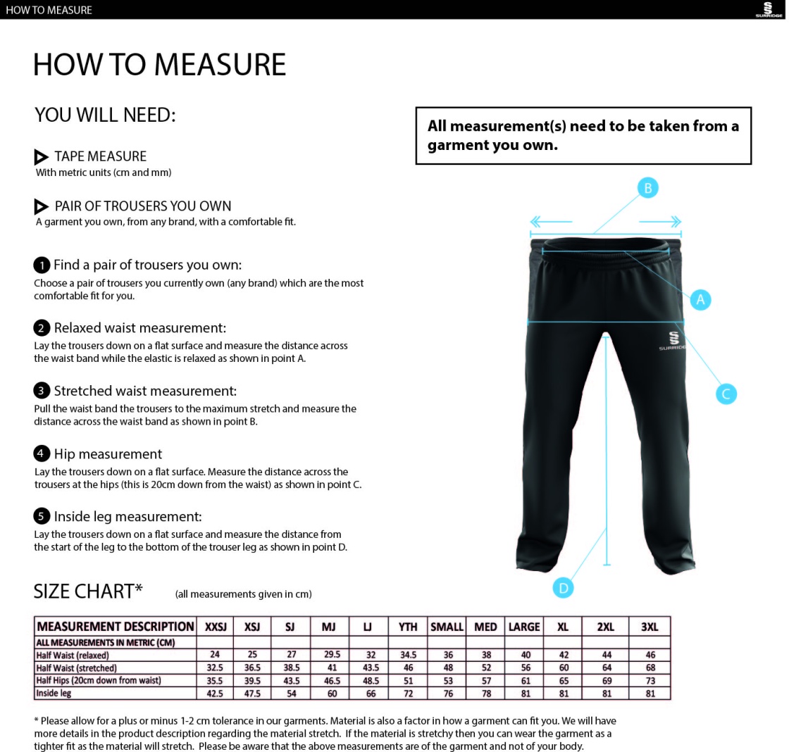 Essex CCCS 50 - Dual Poplin Track Pant with Lycra - Unisex Fit - Size Guide