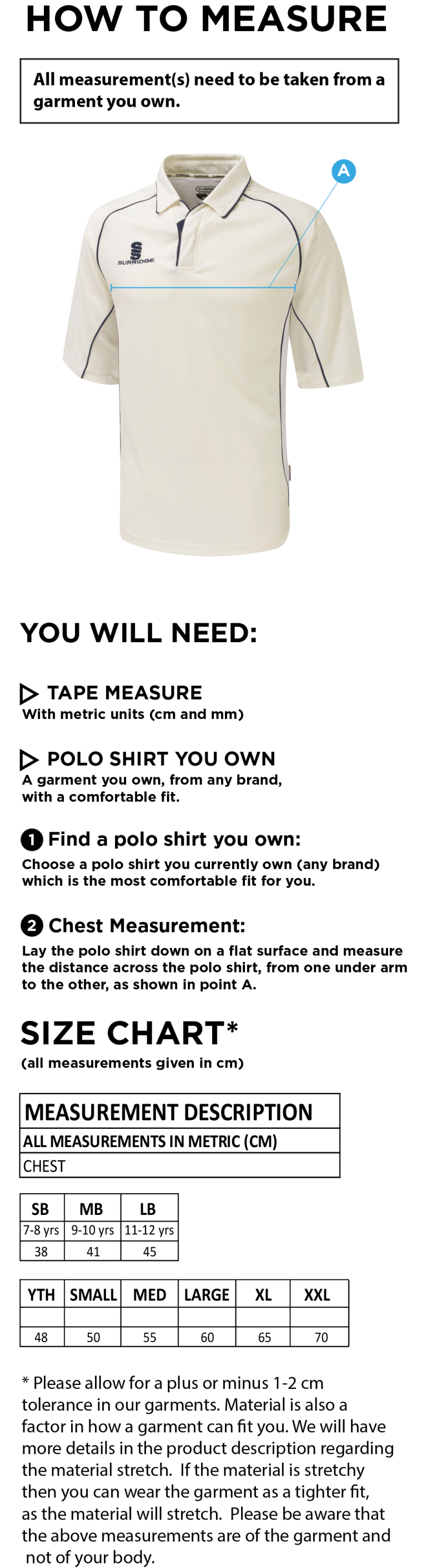 Essex CCC 50 - Dual Premier Short Sleeve Cricket Shirt - Unisex Fit - Size Guide