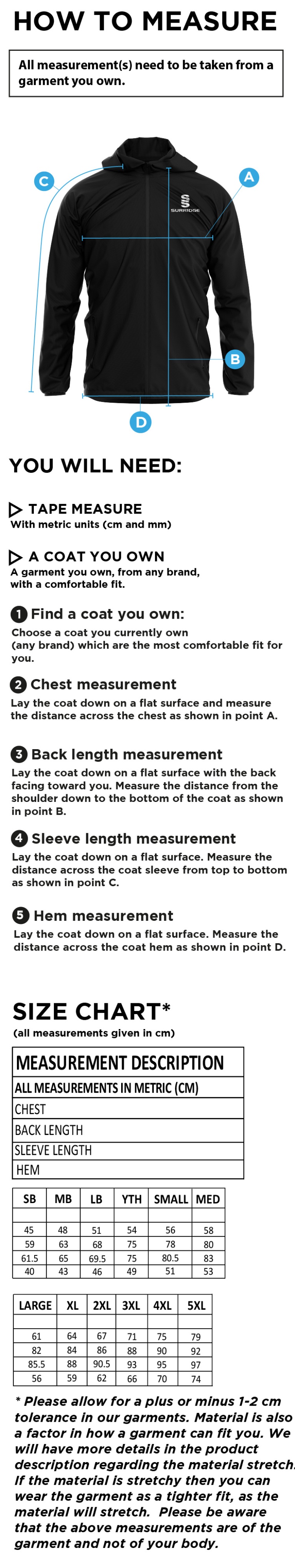 Essex CCC 50 - Dual Full Zip Training Jacket - Unisex Fit - Size Guide