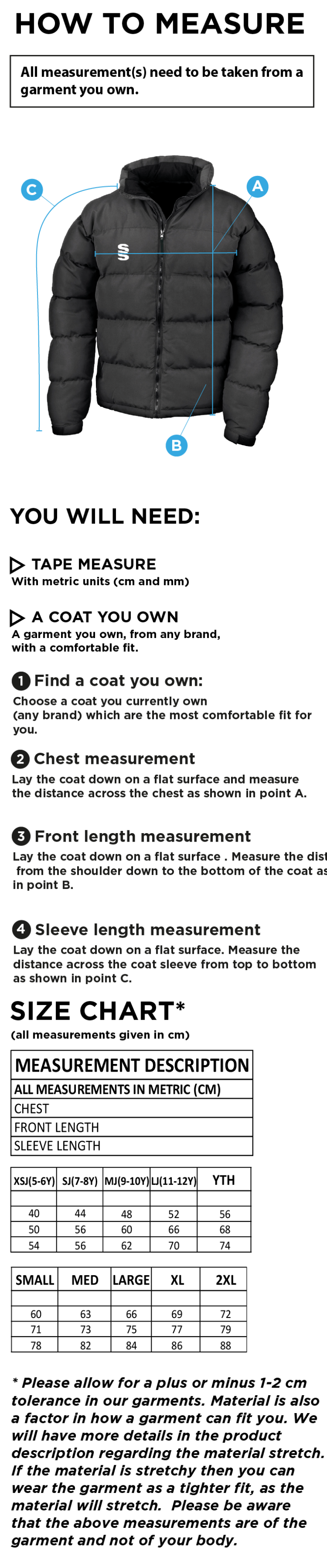 Essex CCC 50 - Holkham Down Feel Jacket : Navy - Size Guide