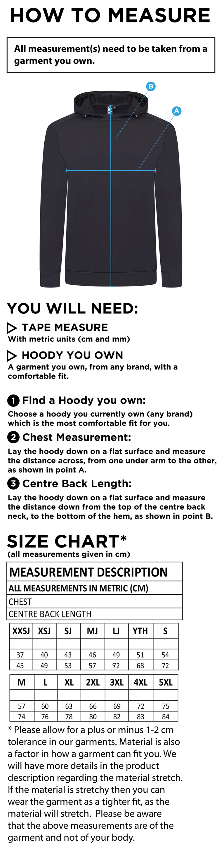 Essex Seniors - Active Hoody - Unisex Fit - Size Guide
