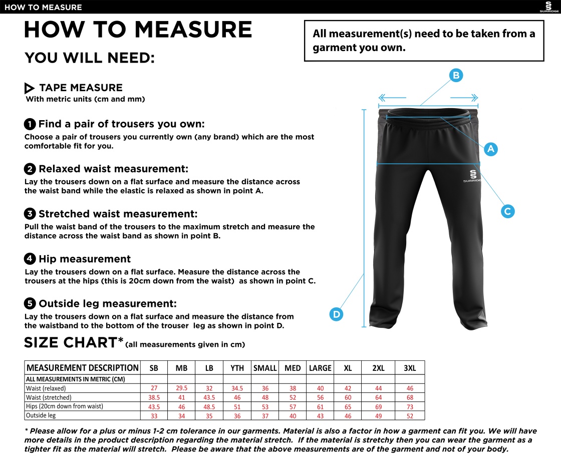 Essex CCC 50 - Rip Stop Track Pant : Navy - Size Guide