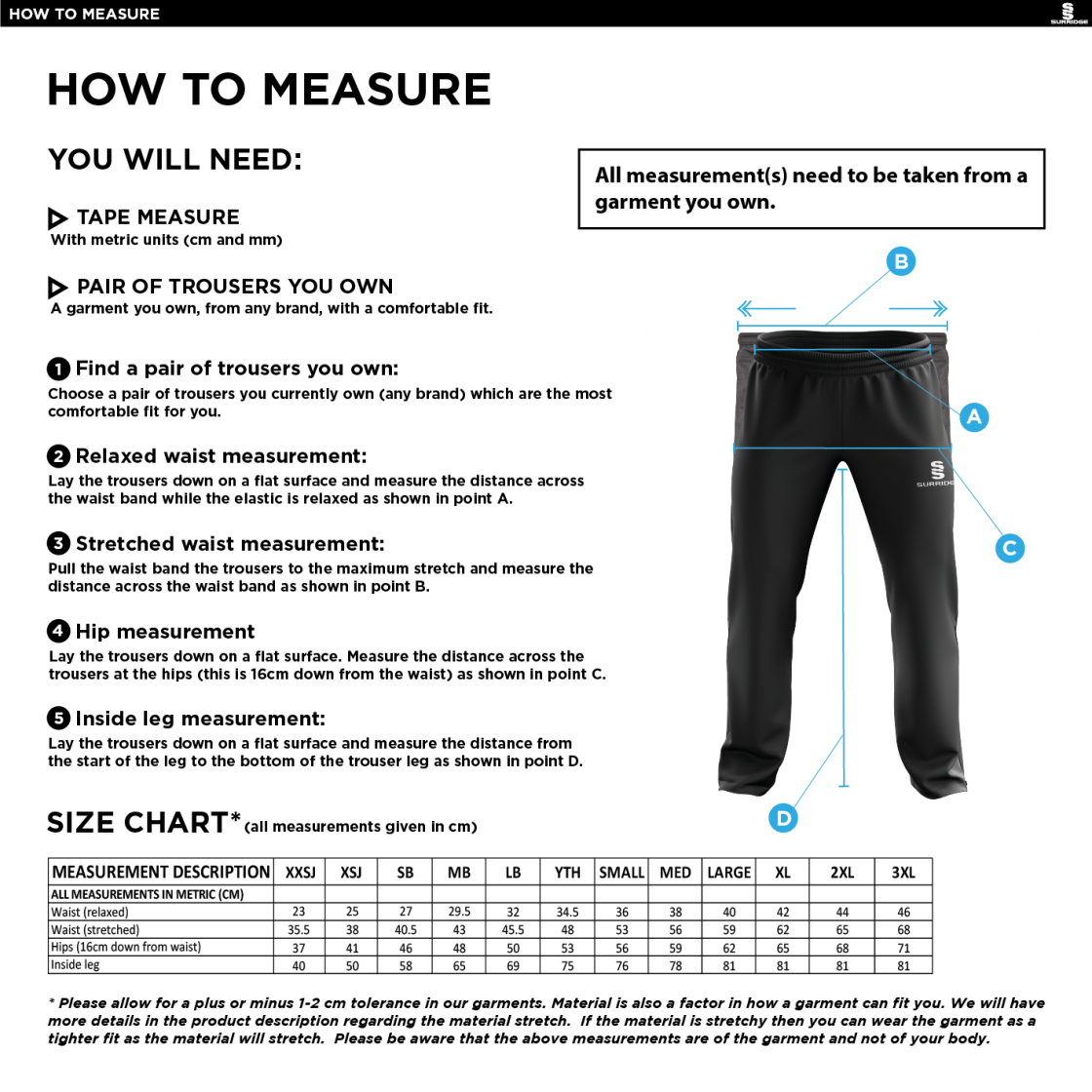 Essex CCC 50 - Poplin Track Pant : Navy - Size Guide