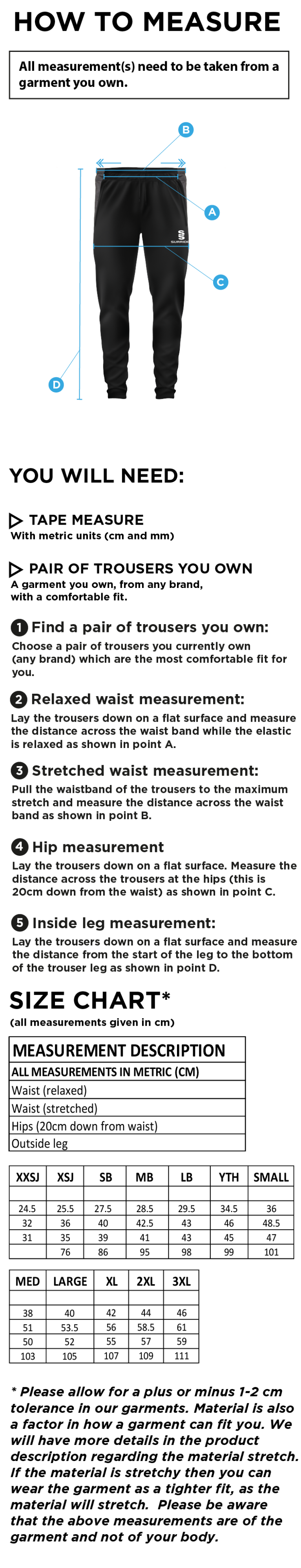 Essex CCC 50 - Tek Slim Training Pants : Navy - Size Guide