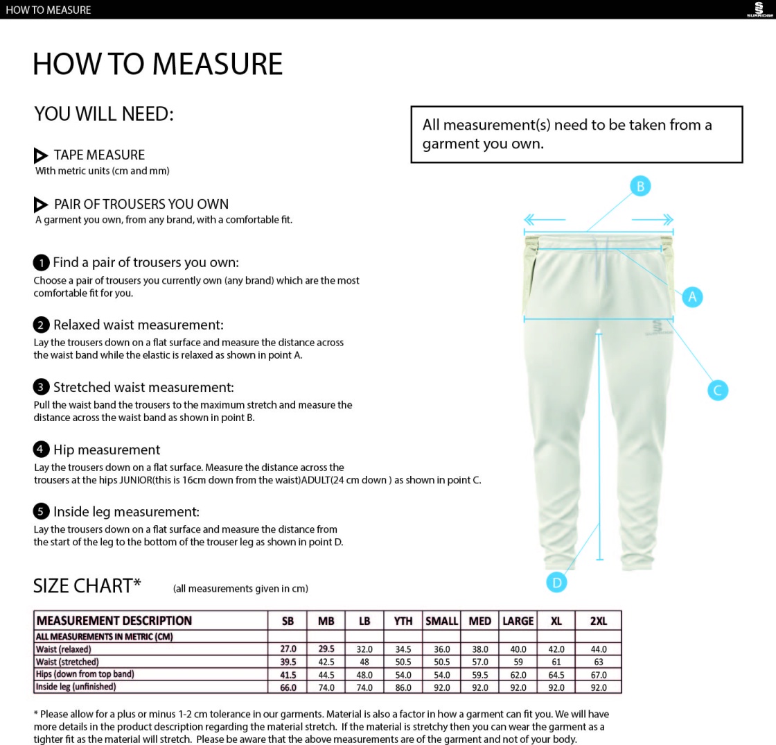 Essex CCC Seniors - Ergo Playing Pant - Unisex Fit - Size Guide