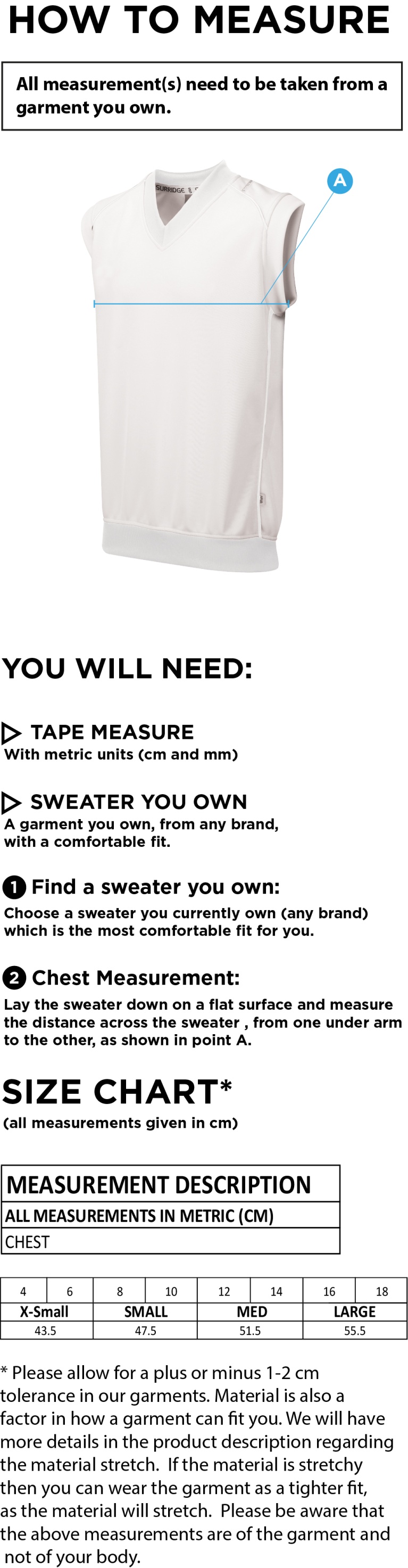 Essex CCC 50 - Blast Sleeveless Cricket Sweater - Women's Fit - Size Guide