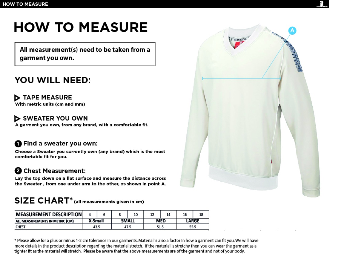 Essex CCC Seniors - Blast Long Sleeve Cricket Sweater - Women's Fit - Size Guide