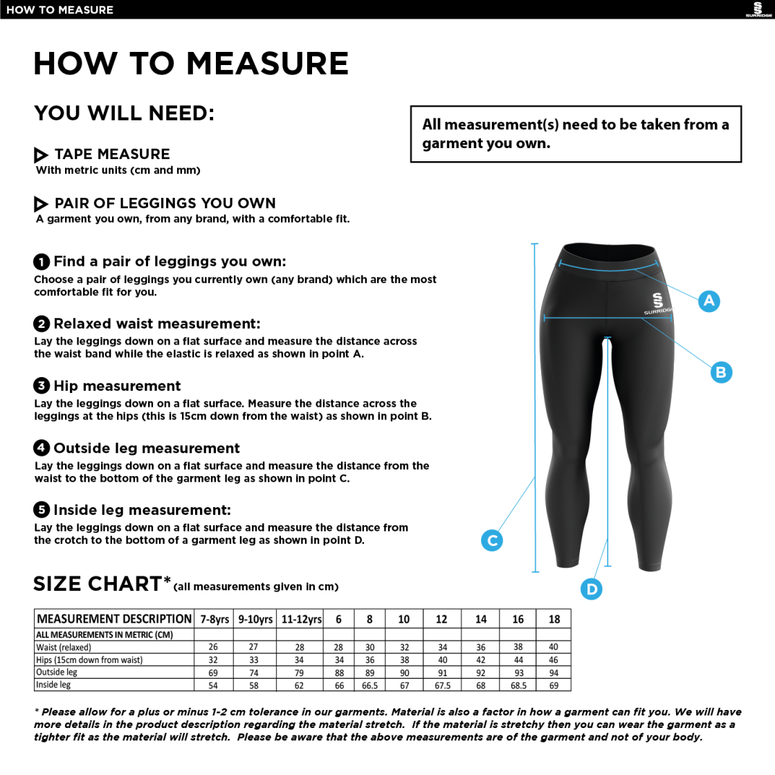 Essex CCC 50 - Performance Full Length Leggings - Women's Fit - Size Guide
