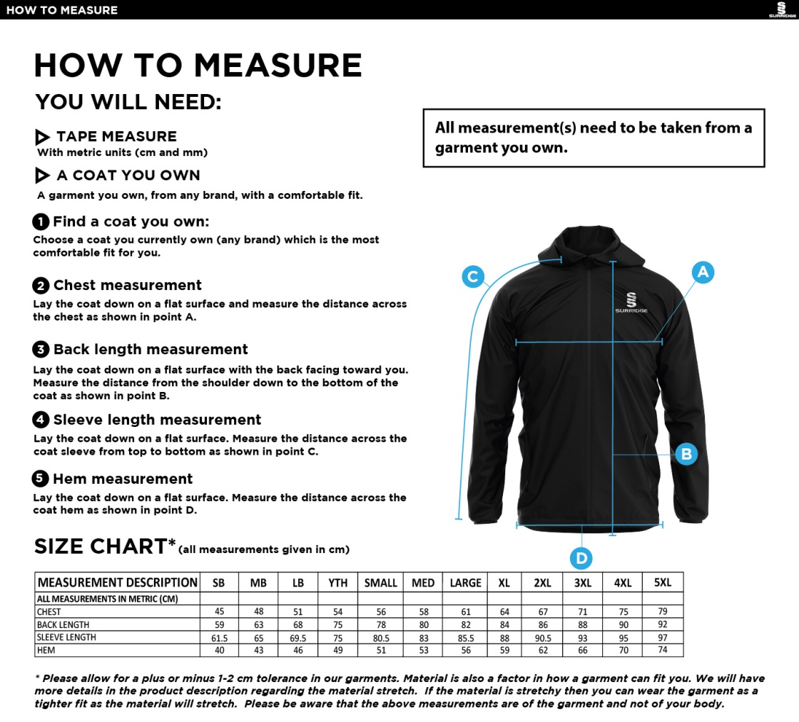 Essex CCC 50 - Dual Full Zip Training Jacket - Unisex Fit - Size Guide