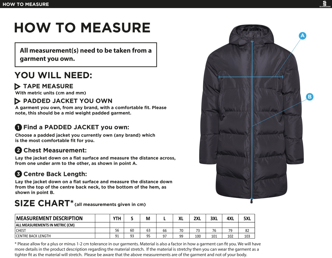 Essex CCC 50 - Active Long Padded Jacket - Unisex Fit - Size Guide