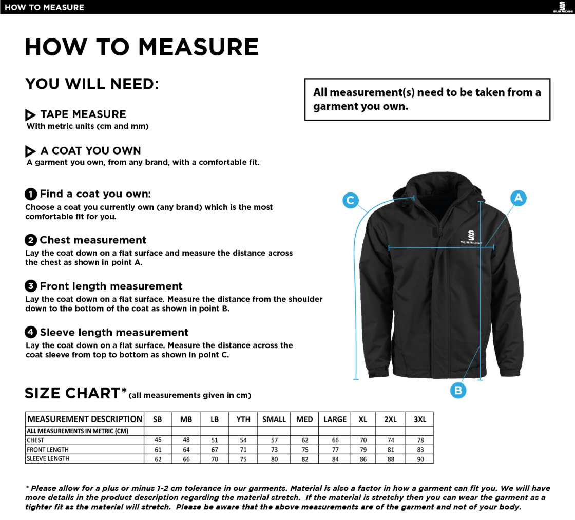 Essex CCC 50 - Dual Fleece Lined Jacket : Navy - Size Guide