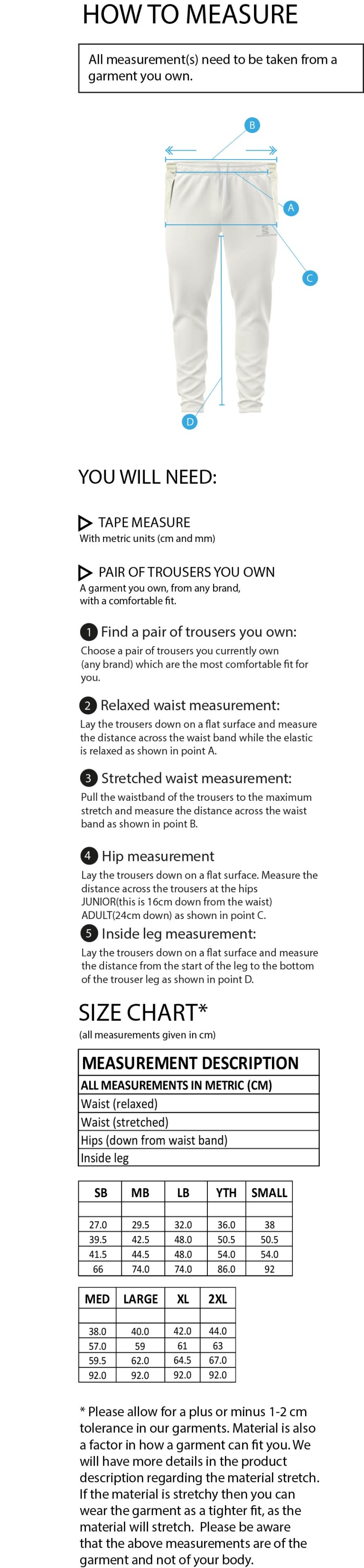 Essex CCC 50 - Ergo Playing Pant - Size Guide