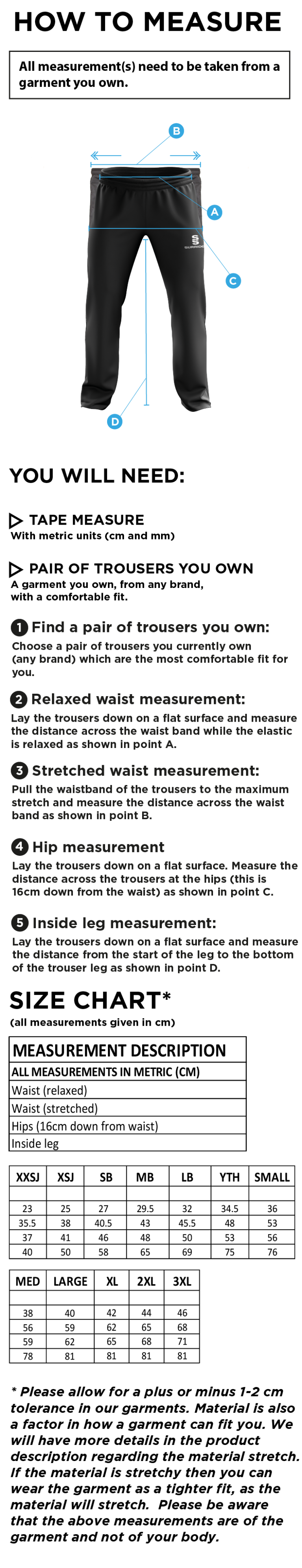 Essex CCC 50 - Poplin Track Pant : Navy - Size Guide