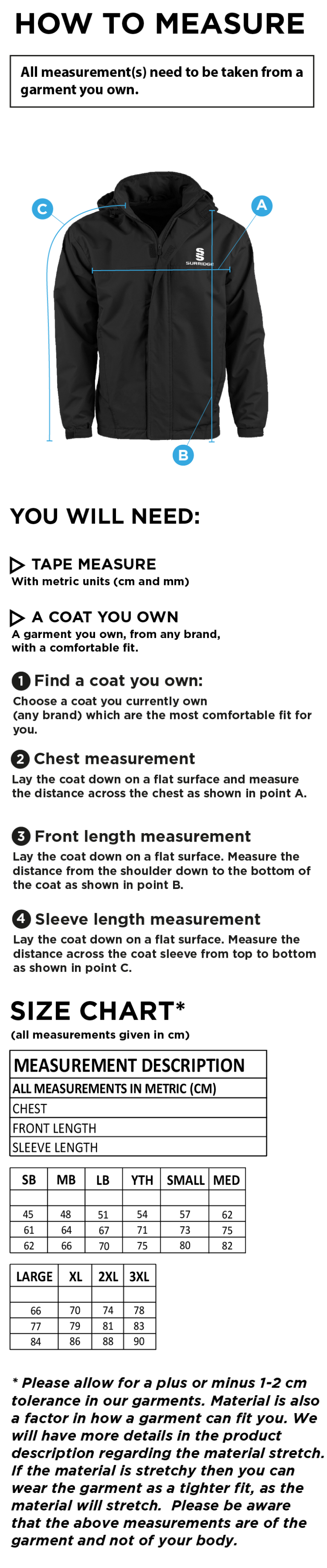 Essex CCC 50 - Dual Fleece Lined Jacket : Navy - Size Guide
